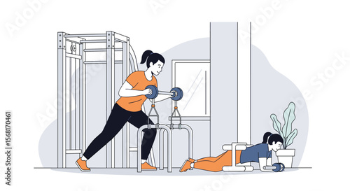 Athletic woman exercises with cable machine while her partner rests on the floor