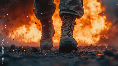 Soldier Walking Towards Explosions with Fiery Background and Military Boots on Rugged Terrain