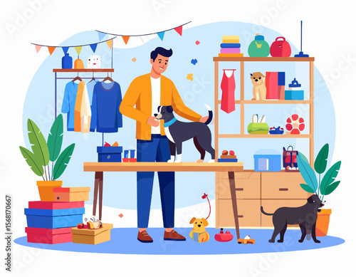 Man Grooming Black and White Dog on Table in Pet Salon Surrounded by Shelves of Products and Pet Accessories in a Bright Interior with Garland Decorations