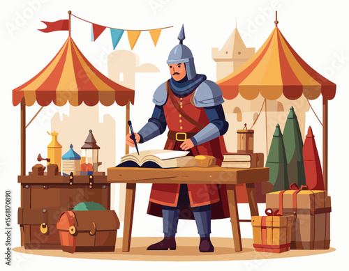 Man in Medieval Armor Writing at Market Stall with Tents and Castle Pixel Art Style