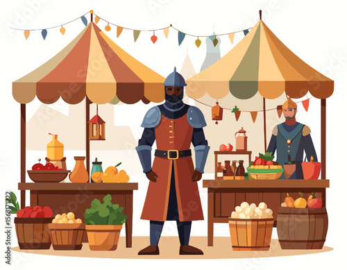 Medieval Market Scene with Armored Merchant and Food Stalls in Pixelated Style