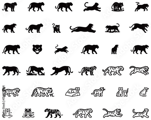 Tiger Silhouettes and Striped Tigers in Various Poses