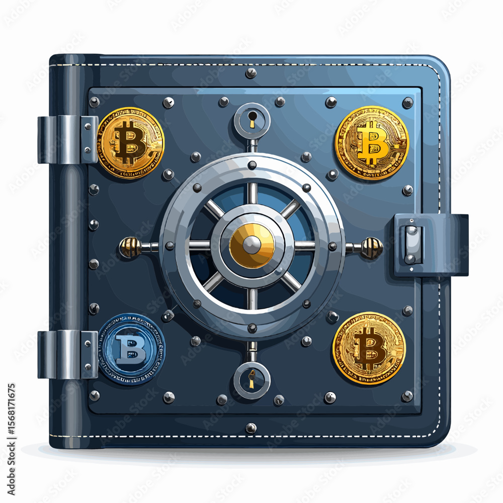 Metallic Vault with Gold and Silver Bitcoin Accents Featuring Intricate Locking Mechanism and Heavy Duty Bolt Design Metallic Vault with Gold and Silver Bitcoin Accents Featuring Intricate Locking Mechanism and Heavy Duty Bolt Design