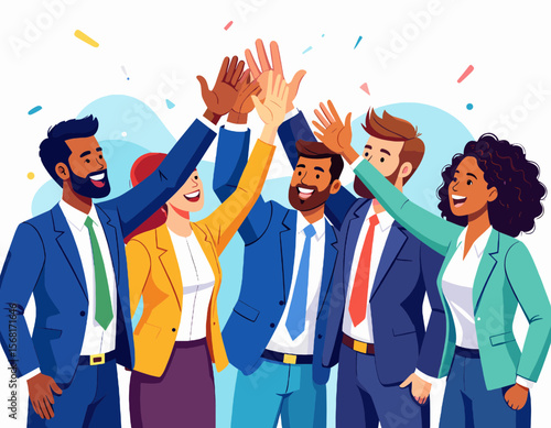 Multiethnic Business Team Celebrating Success with High Five Gesture in a Bright Office Environment with Confetti