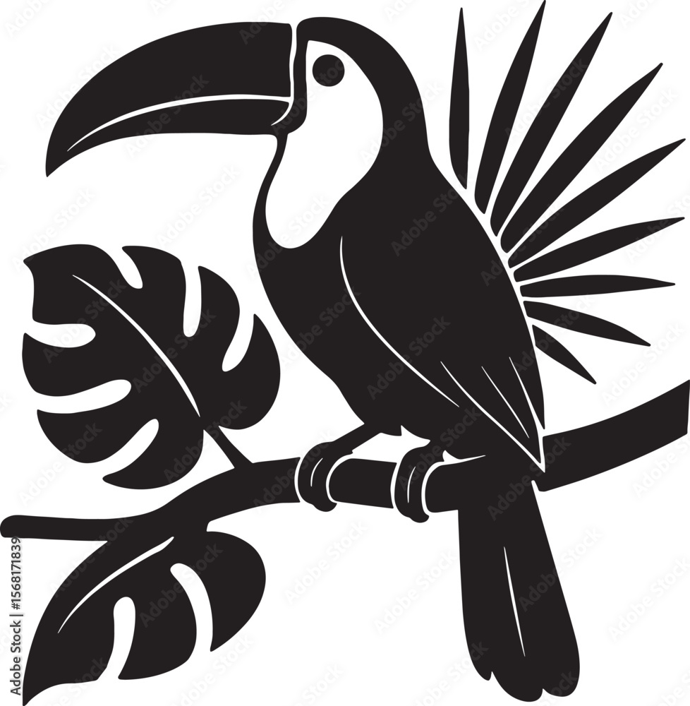 Fototapeta premium Tropical Toucan Bird and Exotic Leaves Silhouettes Collection