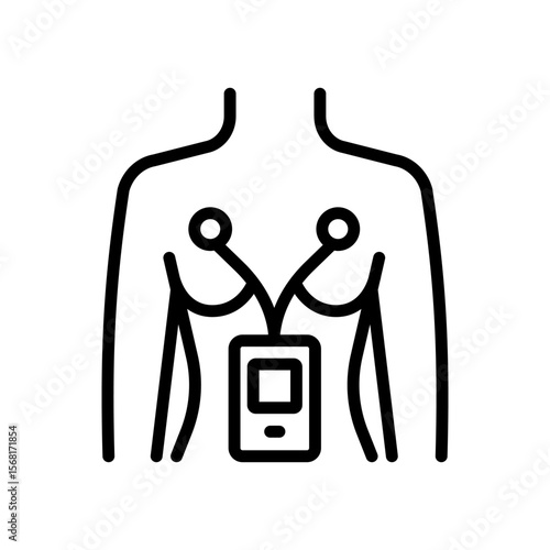 ECG Holter Cardiac Monitor. Portable Digital EKG Analyzer Recorder System. Monitoring system tracking cardio problem. Vector contour symbol. Isolated line icon.