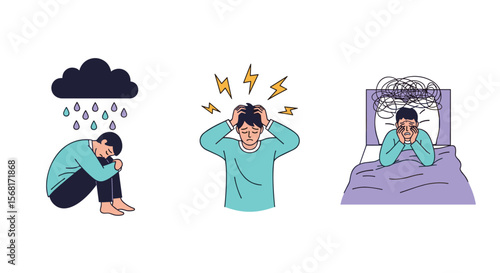 Emotional Health Struggles Depicting Sadness Stress and Sleeplessness in Three Distinct Illustrations