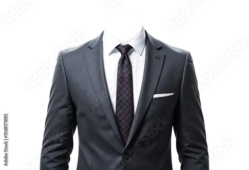 Professional black business suit with white shirt and black tie template isolated on transparent background