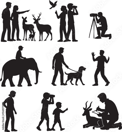 Animal and Human Interaction Silhouettes: Dogs, Wolves, and People