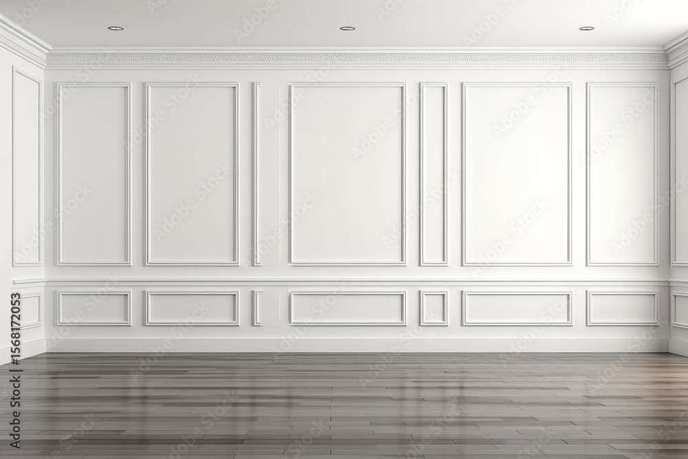 Fototapeta premium Classic empty room interior with white wall panels and dark wooden floor