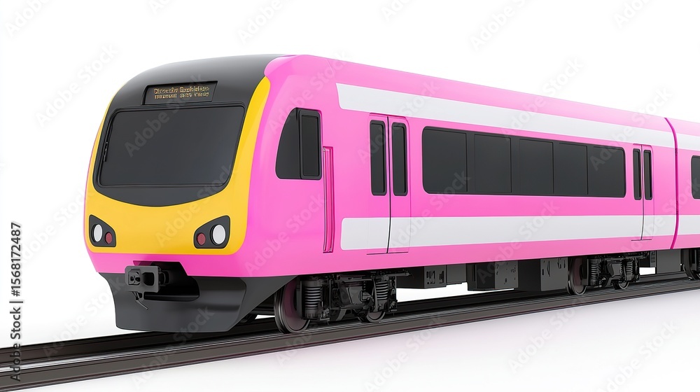 Naklejka premium Modern passenger train, bright colors, three-quarter front, white seamless background, cheerful