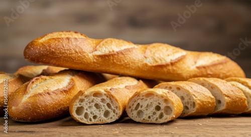 Freshly baked baguettes on a wooden table