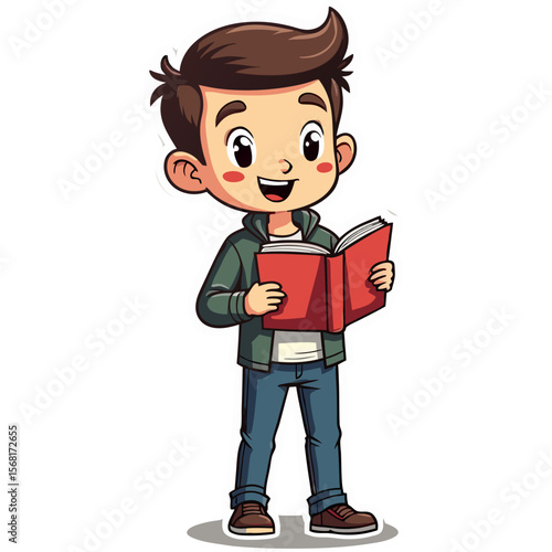 Cartoon boy engrossed in reading a vibrant red book wearing casual attire.