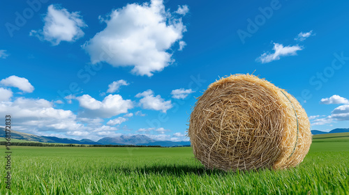 Bright and clear day with hay bales in lush green field