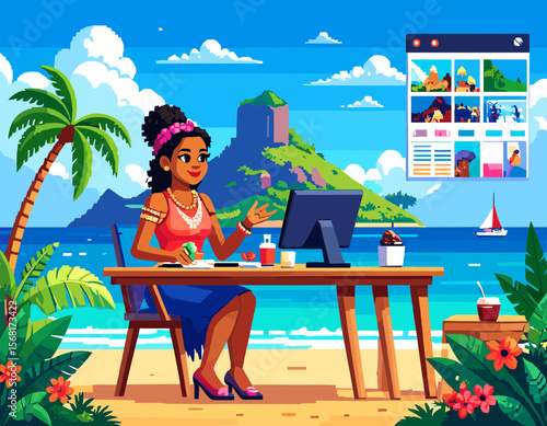 Pixel Art of Woman Working on Computer at Beachfront Desk with Ocean View, Palm Tree and Tropical Plants in Bright Sunny Weather