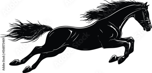 Vector illustration: Black stallion leaping, dynamic silhouette, powerful, elegant design.