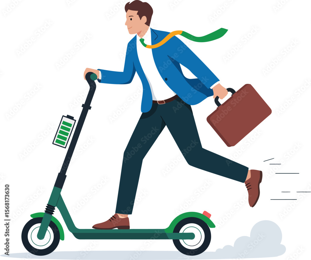 Businessman commuting on electric scooter with briefcase and full battery ai generated vector Businessman commuting on electric scooter with briefcase and full battery ai generated vector