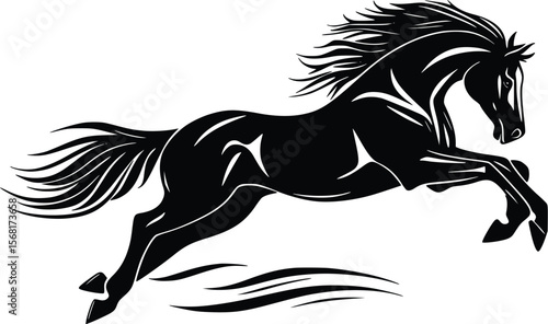 Vector illustration: Majestic black stallion leaping, dynamic style, powerful mood.