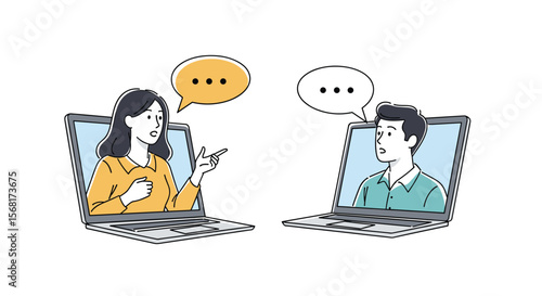 Two people having a conversation on their laptops with speech bubbles showing their discussion