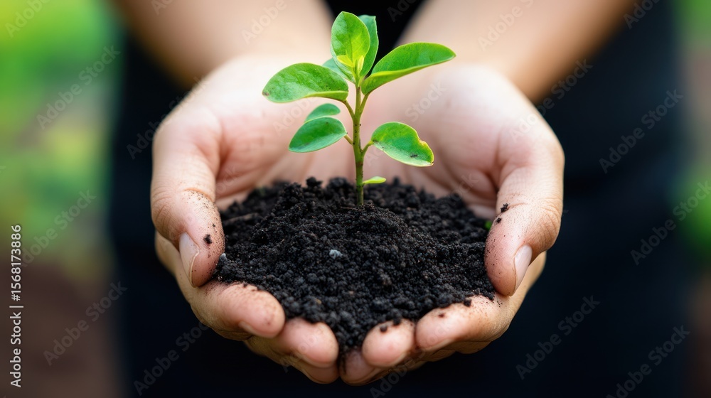 Hands delicately cradle a seedling, symbolizing hope and environmental care Hands delicately cradle a seedling, symbolizing hope and environmental care