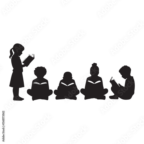 Silhouettes of children are reading books while isolated on a white background.
