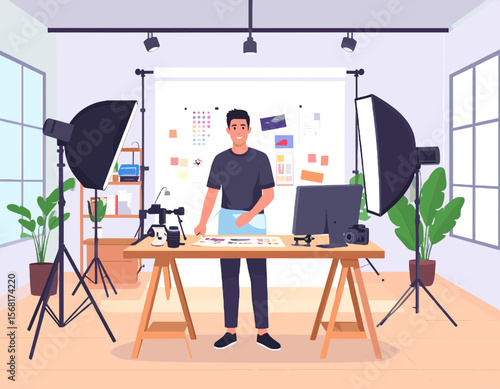 Professional Photographer in Modern Studio with Camera Equipment Lighting and Project Display Standing at Wooden Desk in Bright Room