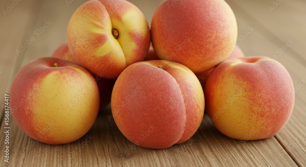 A close-up of five ripe peaches, stacked on a light brown wooden surface. Their fuzzy skins show vibrant red and yellow hues A close-up of five ripe peaches, stacked on a light brown wooden surface. Their fuzzy skins show vibrant red and yellow hues