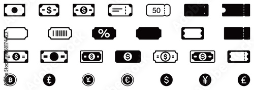 Money and Currency Icons Set showing various financial symbols and banknotes