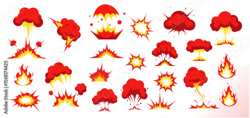 explosion or blast illustration set. exploding bomb reflecting boom, bang, burst effects. blowing, flame, explode, blaze etc concept. EPS explosions with smoke and blast effects.