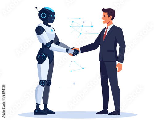 Robot and Human Handshake Representing Artificial Intelligence and Future Technology in White Background