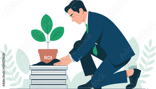 Businessman Nurturing ROI Growth Planting Success on Stacked Documents ai generated vector