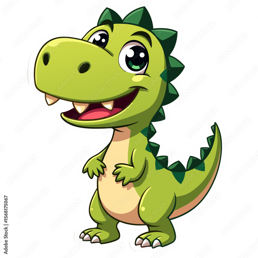 Fototapeta premium Cartoon Green Dinosaur with White Head and Big Eyes Smiling Brightly.