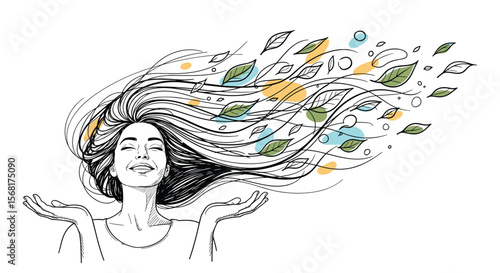 Elegant Hand Drawn Woman With Windblown Hair Full Of Leaves And Flowers Natural Beauty Concept