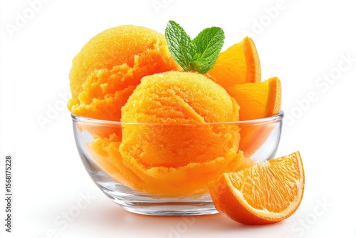 Orange sherbet in a glass bowl with orange slices.