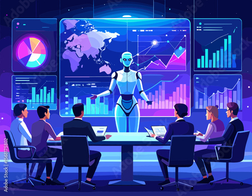 Team Meeting Led by Robot Presenting Data Analytics and Business Strategy in Pixel Art Style