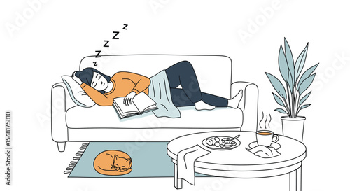 Young woman sleeping peacefully on a comfortable couch with a book and a cat nearby in a cozy living room setting