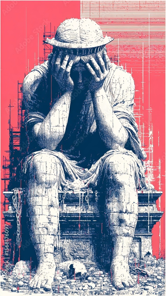 Fototapeta premium artistic duotone pink portrait stylized urban solitude sitting alone bench street art graffiti wall