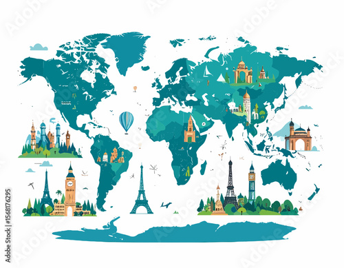 Turquoise World Map with Famous Landmarks Across Continents Globe Featuring Architectural Icons and Travel Destinations in Vector Design