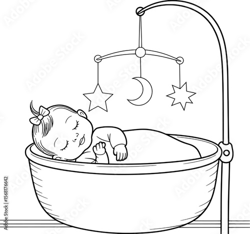 Sleeping baby in crib with celestial mobile star