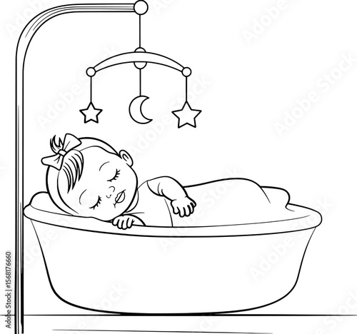 Sleeping baby in crib with mobile stars