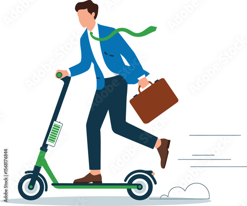 Businessman Riding Electric Scooter to Work with Briefcase and Green Tie ai generated vector