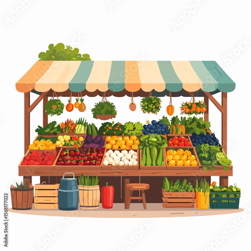 Vibrant Farmers Market Stall Displaying Fresh Vegetables and Fruits Under Striped Awning with Colorful Produce Assortment and Wooden Crate Accents