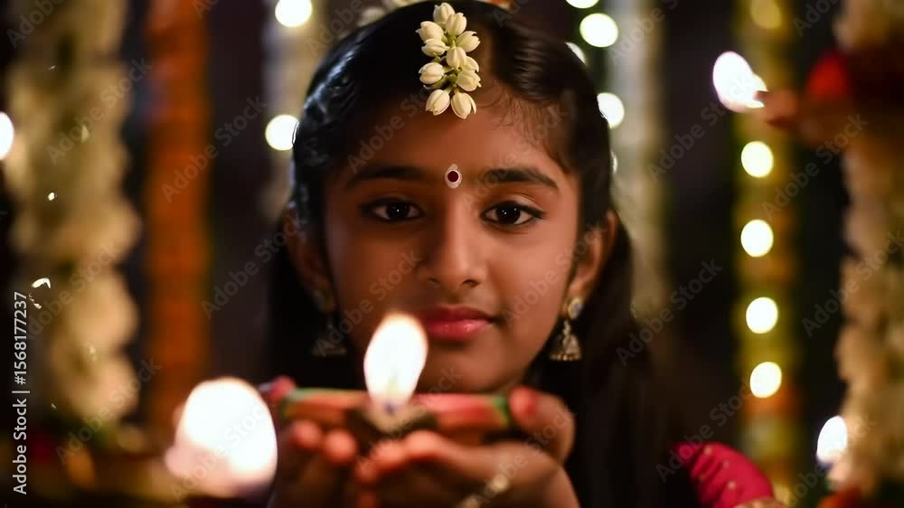 Young Indian girl holding a diya during festival celebrations at home Young Indian girl holding a diya during festival celebrations at home