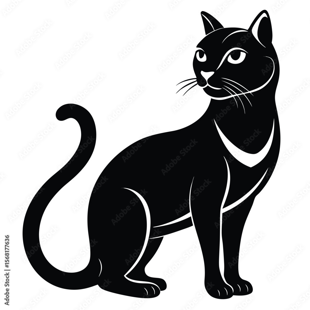 Elegant Black Cat Silhouette with Graceful Curves and Refined White Accents on a Clean Background Elegant Black Cat Silhouette with Graceful Curves and Refined White Accents on a Clean Background