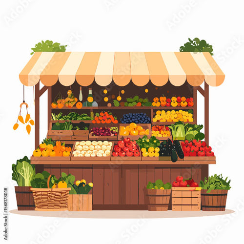Vibrant Produce Market Stall Displaying Fresh Vegetables and Fruits in Wooden Crates with a Striped Awning in Pixel Art Style