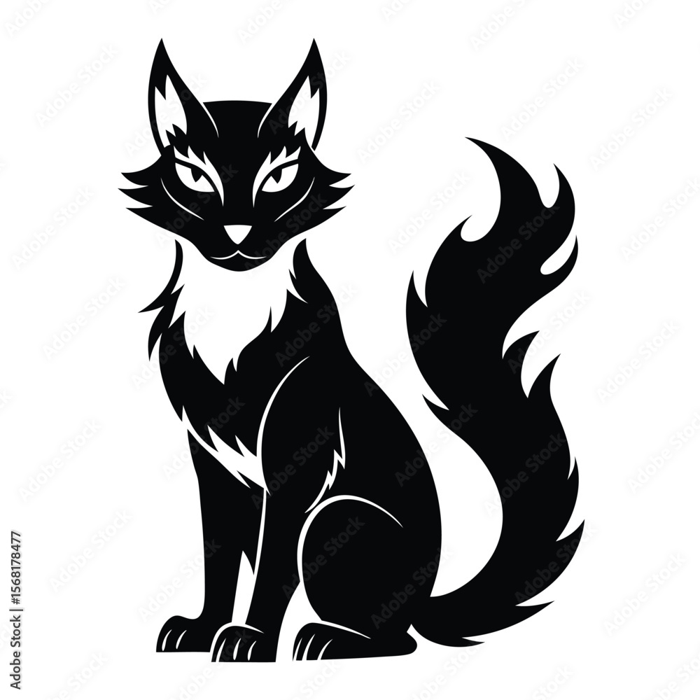 Obraz premium Elegant Black Cat with Fluffy Tail a Striking Feline Silhouette Against a White Background