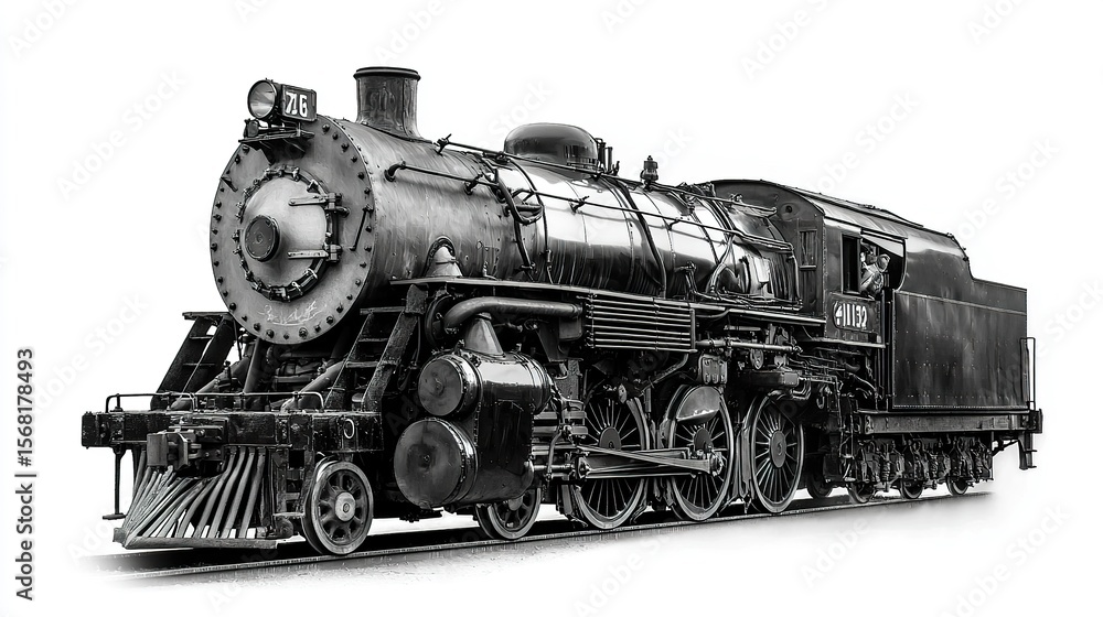 Fototapeta premium Steam engine, glossy black, strong front view, white background, high contrast, museum quality