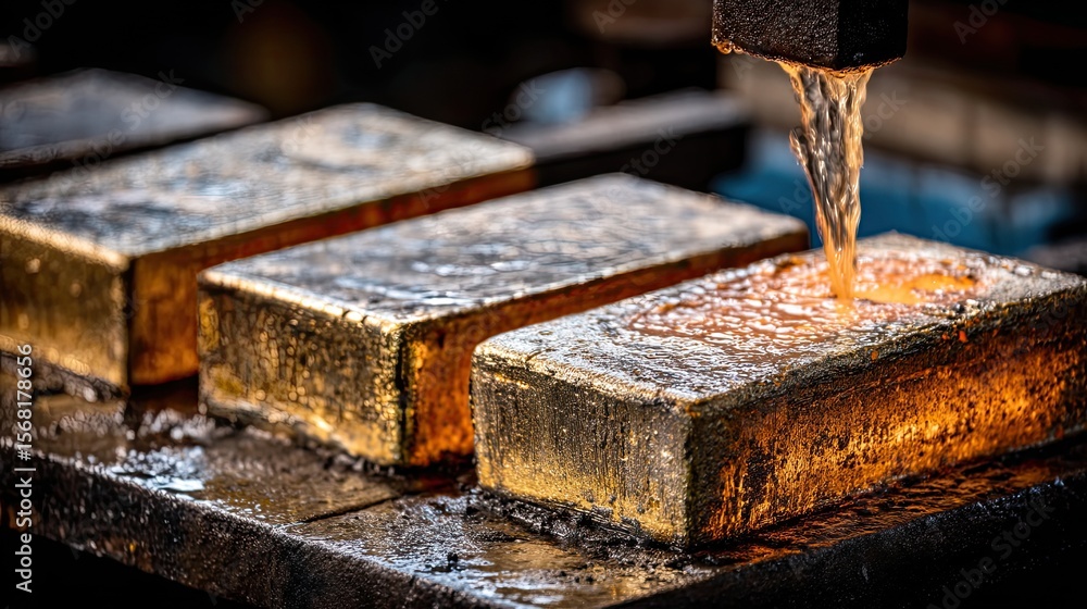 Molten metal poured onto gold ingots Molten metal poured onto gold ingots
