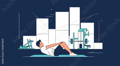 Man Doing Abdominal Crunches Exercise on Fitness Mat with Gym Equipment in Background