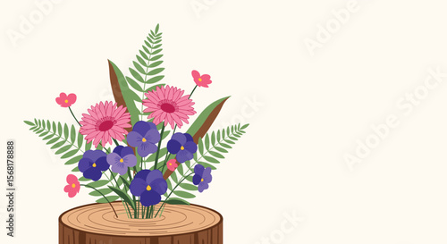 Beautiful Arrangement of Pink and Purple Flowers with Green Ferns in a Wooden Pot PNG Transparent Background Isolated